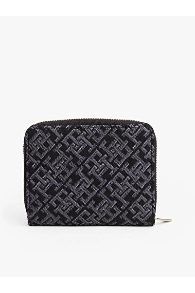 Tommy Hilfiger Women's Th Monogram Logo Patterned Zippered Interior Compartment Black Wallet Aw0Aw17957-Bds