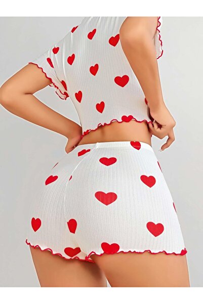 R RUSELİN Lvsqvr Women's White Red Heart Patterned Shorts Nightgown (135813) Suit 5023