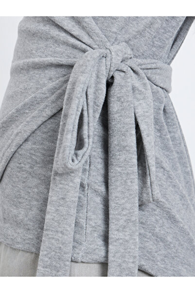 Styli Grey Plain Long Sleeve Wrap Knit Top