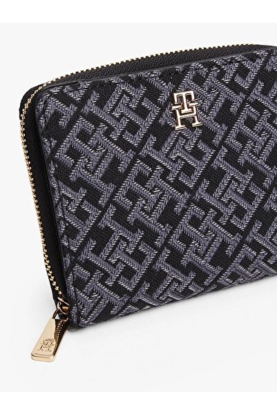 Tommy Hilfiger Women's Th Monogram Logo Patterned Zippered Interior Compartment Black Wallet Aw0Aw17957-Bds