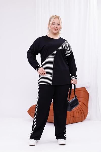 Siyezen Plus Size Striped Cotton Stretch Fabric Tracksuit Set