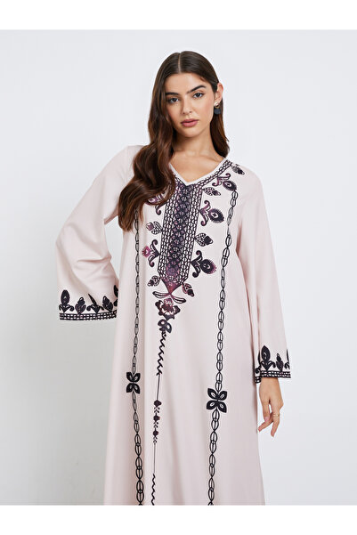Styli Cream V Neck Printed Jalabiya