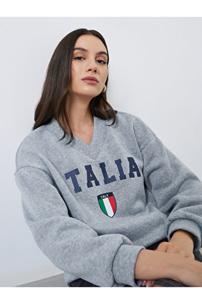 Styli Grey V Neck Sweatshirt with Dropped Shoulder