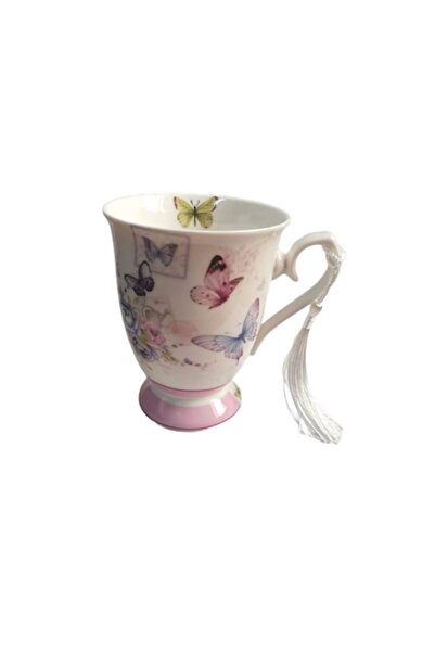 Cadouridiversity Set de 2 căni ceramice fine, imprimeu fluturi, ciucure textil, 300 ml