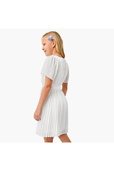 Juniors Pleated A-Line Dress with Tie-Up Belt and Short Sleeves