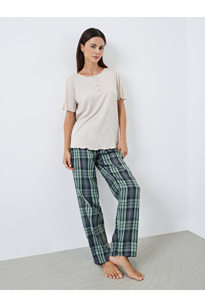 Styli Textured Placket Front T-Shirt and Check Pyjama Set