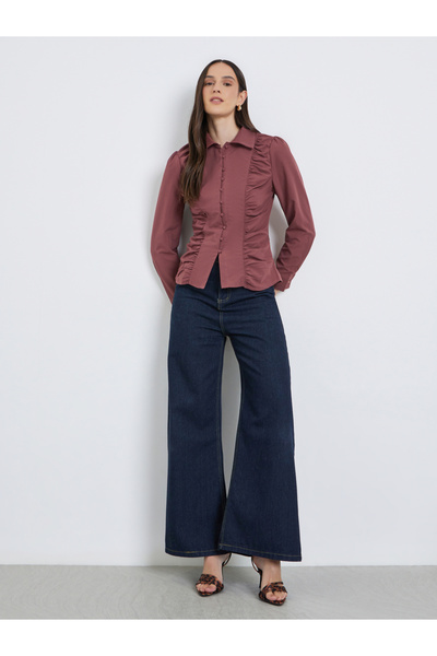 Styli Brown Ruched Front Long Sleeve Shirt