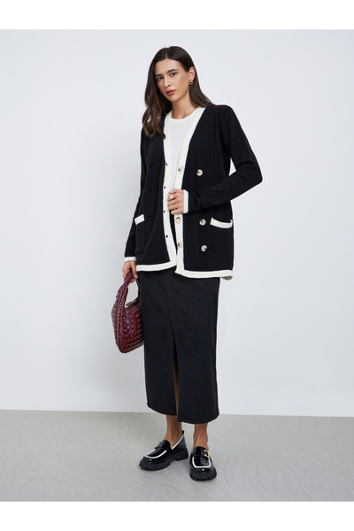 Styli Black Longline Cardigan with Contrast Trim