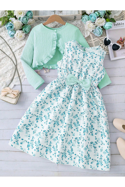 Take Two By Styli Teens Green Floral Dress and Bolero Set