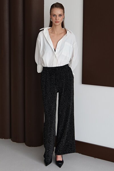 VAGGON Women's Black Lace-Up Double Pocket Stone Embroidered P Palazzo Pants Vs01434