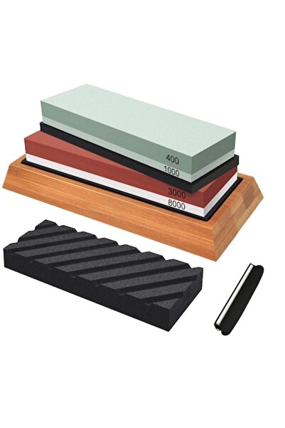 amXea Knife Sharpening Stone Kit 400/1000 & 3000/8000 with Flattening Stone, Bamboo Base and Anti-sl