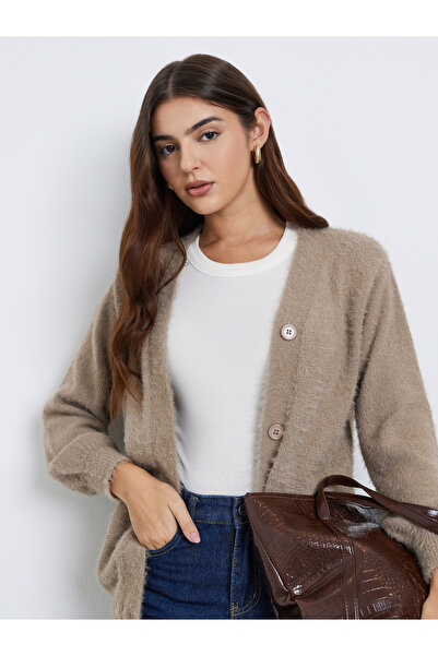 Styli Beige Regular Fit Fuzzy Yarn Cardigan