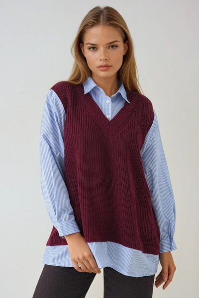VAGGON Жіноча бордова сорочка з деталями V-подібним коміром, трикотажний светр-блуза Vs01439