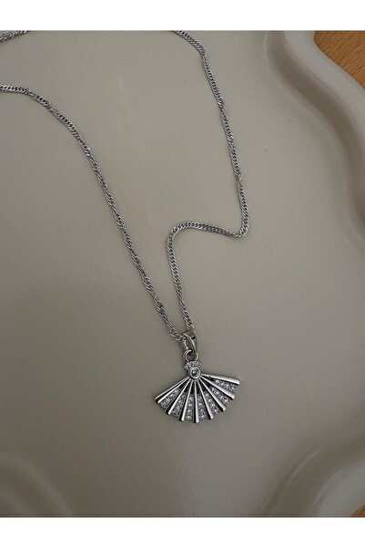 marsel aksesuar قلادة فضية اللون من الفولاذ بتصميم مروحة مع تفاصيل حجرية من ش...