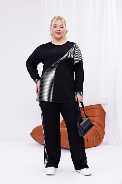 Siyezen Plus Size Striped Cotton Stretch Fabric Tracksuit Set