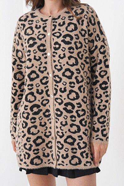 VAGGON Women's Beige Leopard Patterned Buttoned Soft Knit Cardigan Vs01446