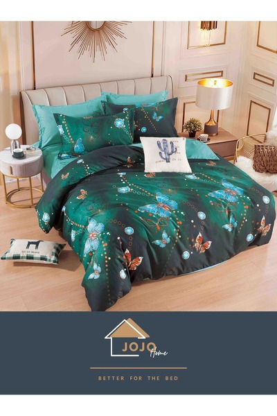 JOJO HOME Bed linen set, fine cotton, with elastic, 6 pieces, 180x200cm, Green Butterflies