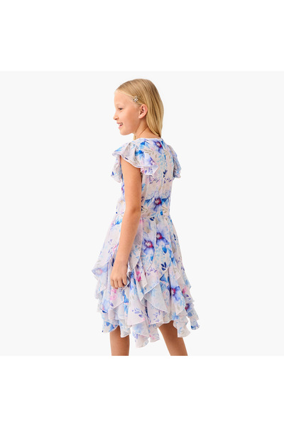 Juniors All-Over Floral Print A-Line Dress with Ruffle Detail