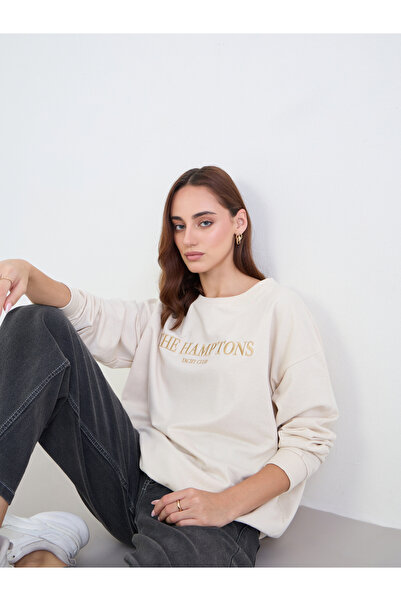Styli Cream Embroidered Slogan Sweatshirt