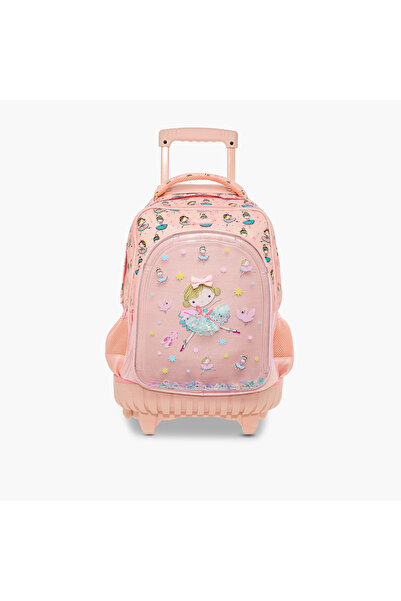 babyshop حقيبة ظهر بعجلات مطبوعة بنقشة راقصة الباليه بمقبض قابل للسحب - 17 بوصة