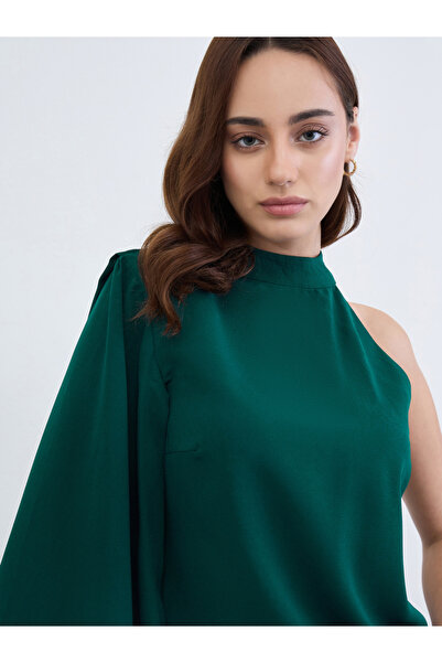 Styli Teal Cape Style One Shoulder Sleeve Blouse
