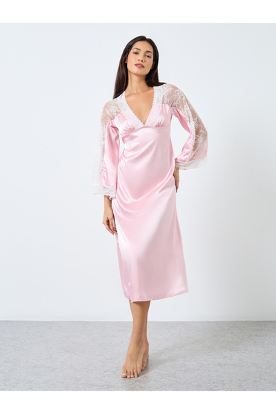Take Two By Styli Contrast Lace Insert V Neck Satin Nightdress
