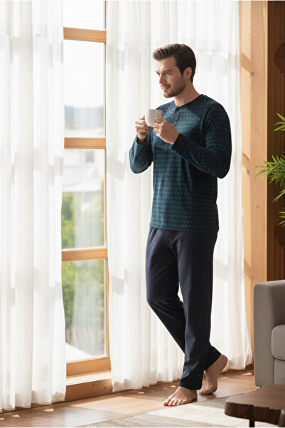 Bravie Σετ πιτζάμες από 100% βαμβακερό χτενισμένο βαμβάκι με κουμπιά στο λαιμό 9710 Σκούρο πράσινο