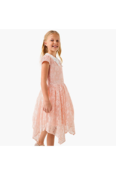 Juniors Lace Detail Asymmetric Dress with Cap Sleeves