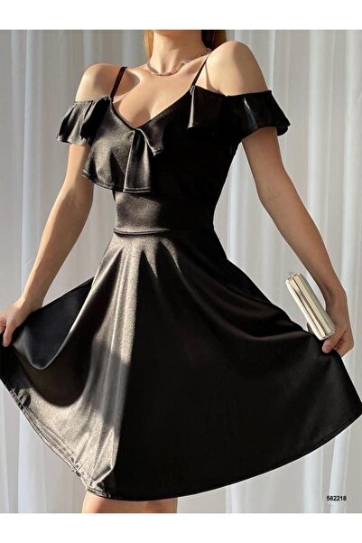 Modafeminen Off-Shoulder Ruffle Satin Dress 582218 Black