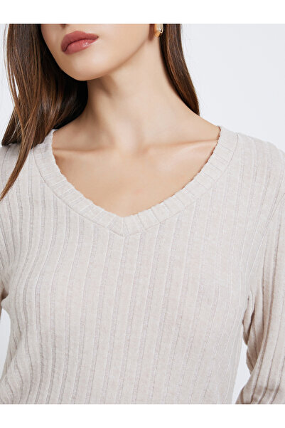 Styli Beige Ribbed Knit Top