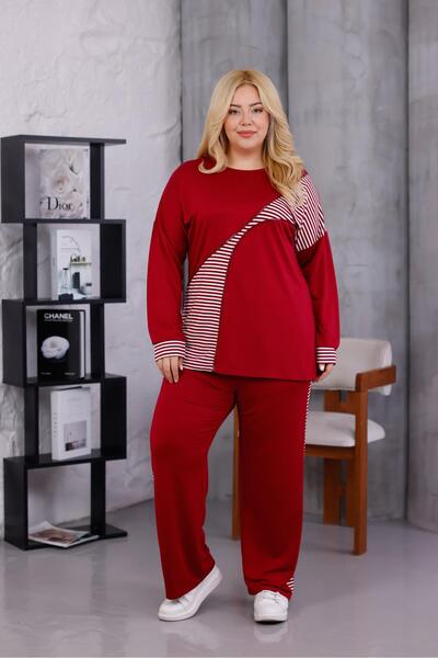 Siyezen Plus Size Striped Cotton Stretch Fabric Tracksuit Set