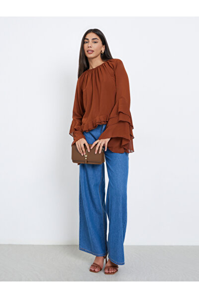 Styli Brown Solid Frill Detailing Bell Sleeves Chiffon Blouse