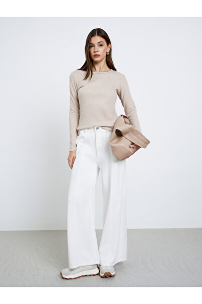 Styli Cream Flat Knit Top with Long Sleeves