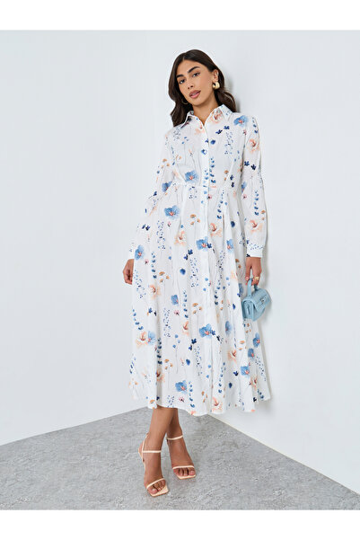 Take Two By Styli White Floral Printed Collared Midi Dress