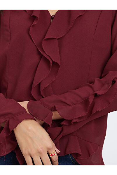 Styli Maroon Frill Detail V Neck Chiffon Blouse