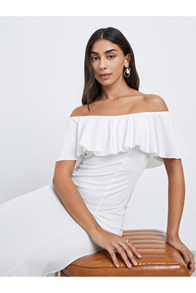 Styli White Off Shoulder Ruffle Maxi Dress