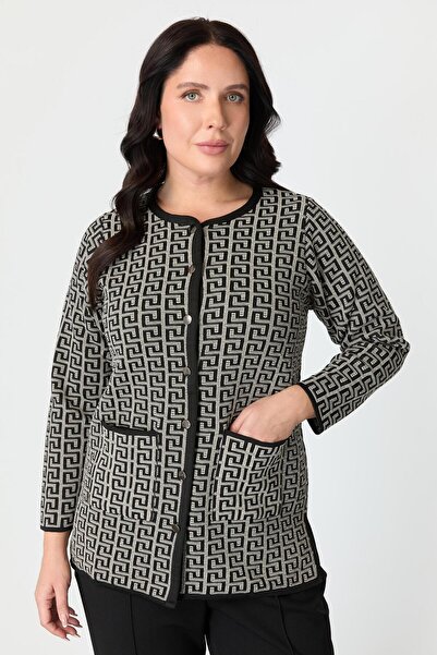 accort Büyük Beden Desenli Cep Detay Triko Hırka-SİYAH