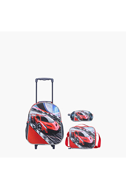 Juniors Cars 3-Piece School Trolley Bag Set for Boys 2-5 Years with Lunch Bag and Pencil Pouch