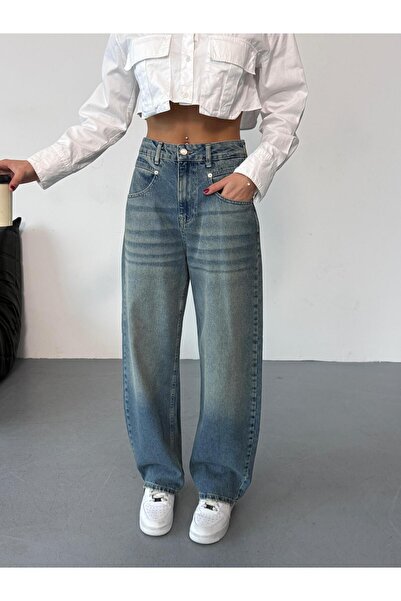 Zeo Basic Дамски сини дънки с висока талия и разширен крой