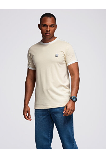 OMBRE Ανδρικό T-shirt με ρίγες σε αντίθεση - Μπεζ V7 OM-TSCT-0115