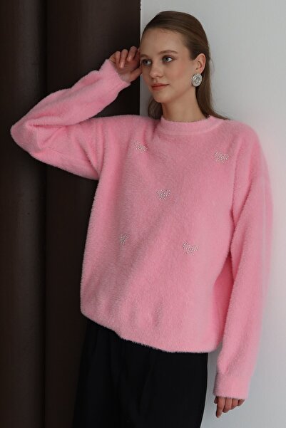 VAGGON Women's Pink Crew Neck Wide Sleeve Soft Sweater Vs01432