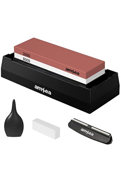 amXea Knife Sharpening Stone 3000/8000, 2-grit, non-slip plastic box base, angle guide, water pump,