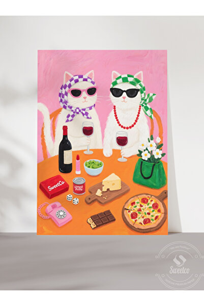 Sweetco Çerçevesiz Poster Gossip Cats | Komik Kedi Temalı Şarap ve Mutfak Duvar Dekoru