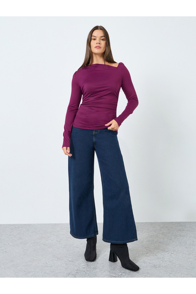 Styli Purple Asymmetric Neck Fitted Knit Top