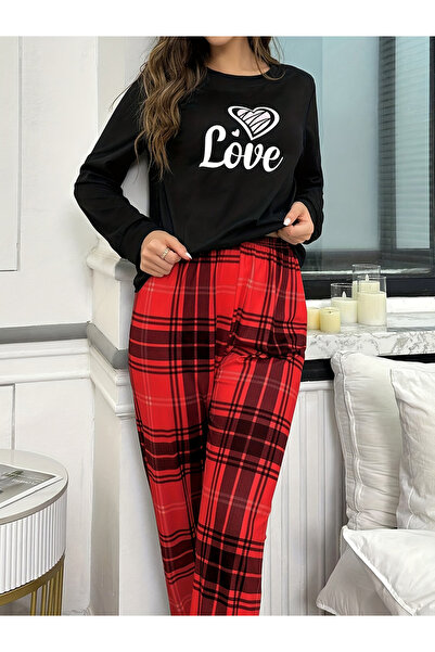 Take Two By Styli Love Text Print T-Shirt and Checked Pyjama Set