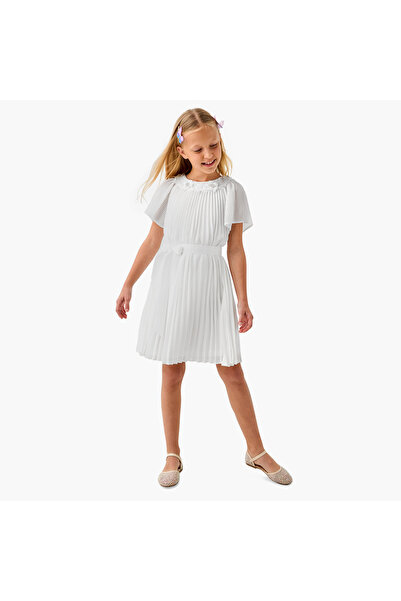 Juniors Pleated A-Line Dress with Tie-Up Belt and Short Sleeves