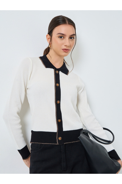 Styli Textured Knit Flat Collar Cardigan