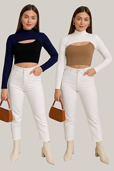 Twentyipek أكمام طويلة بياقة - لون أزرق داكن وأبيض - عبوة من قطعتين