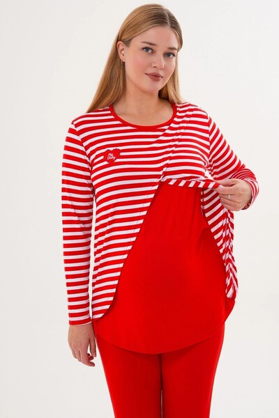 Mecit Pijama Long Sleeve, Striped, Nursing-Friendly, Adjustable Waist Maternity Pajama Set