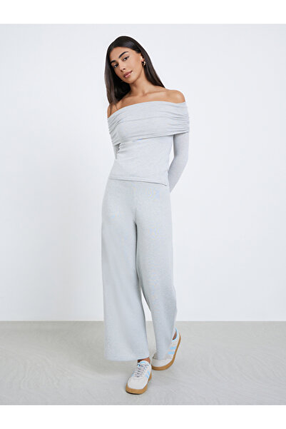 Styli Women Grey Bardot Neck Flat Knit Top